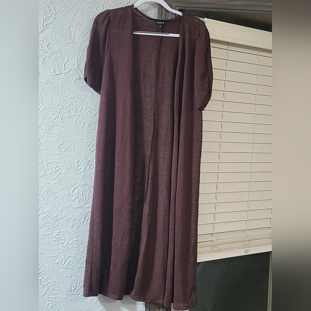 Torrid Chocolate Brown Knit Cardigan Slub Duster Ruched Short Sleeve